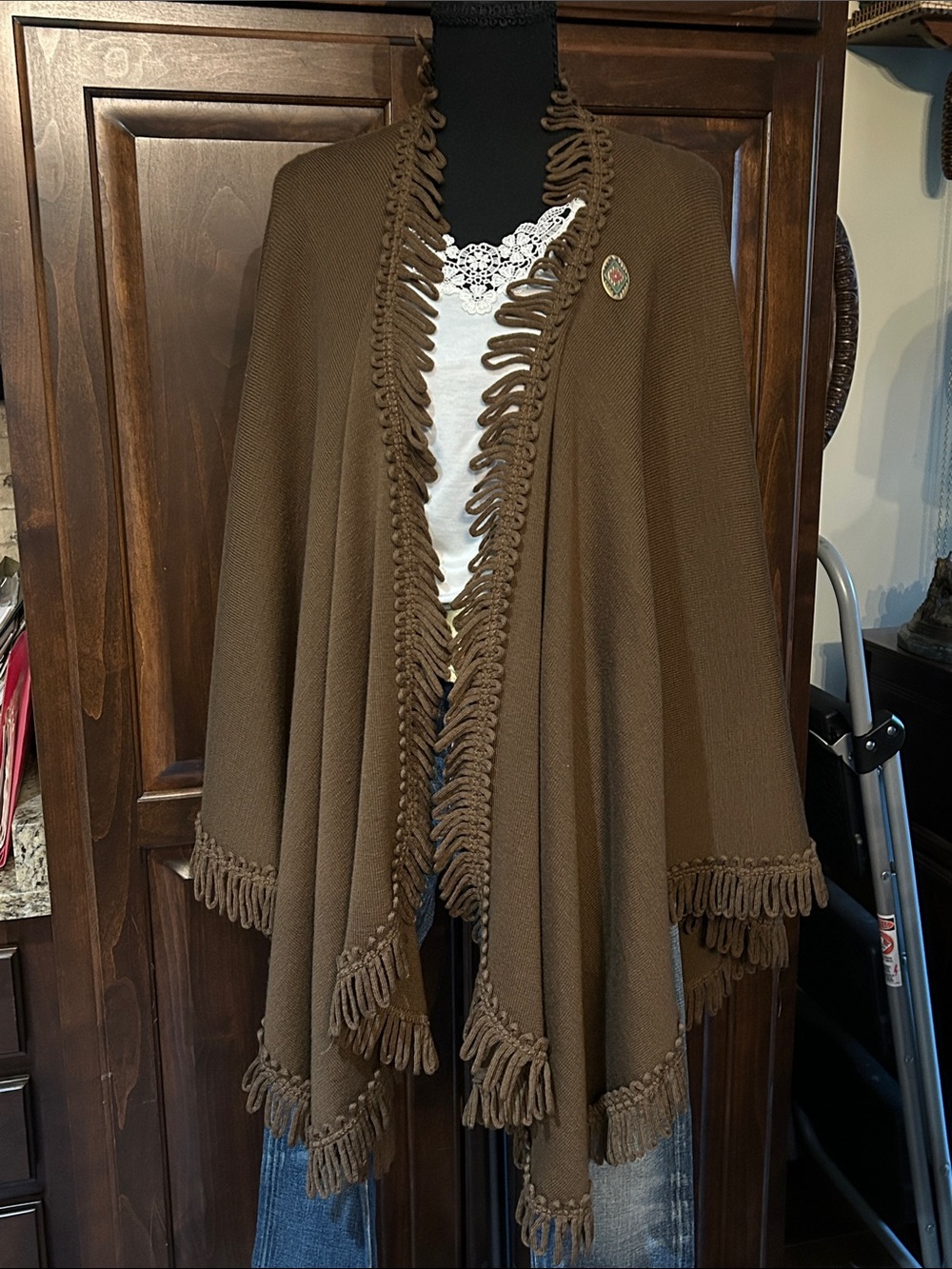 1990’s Coldwater Creek OSFM Brown Fringe-Trim Women's Cape